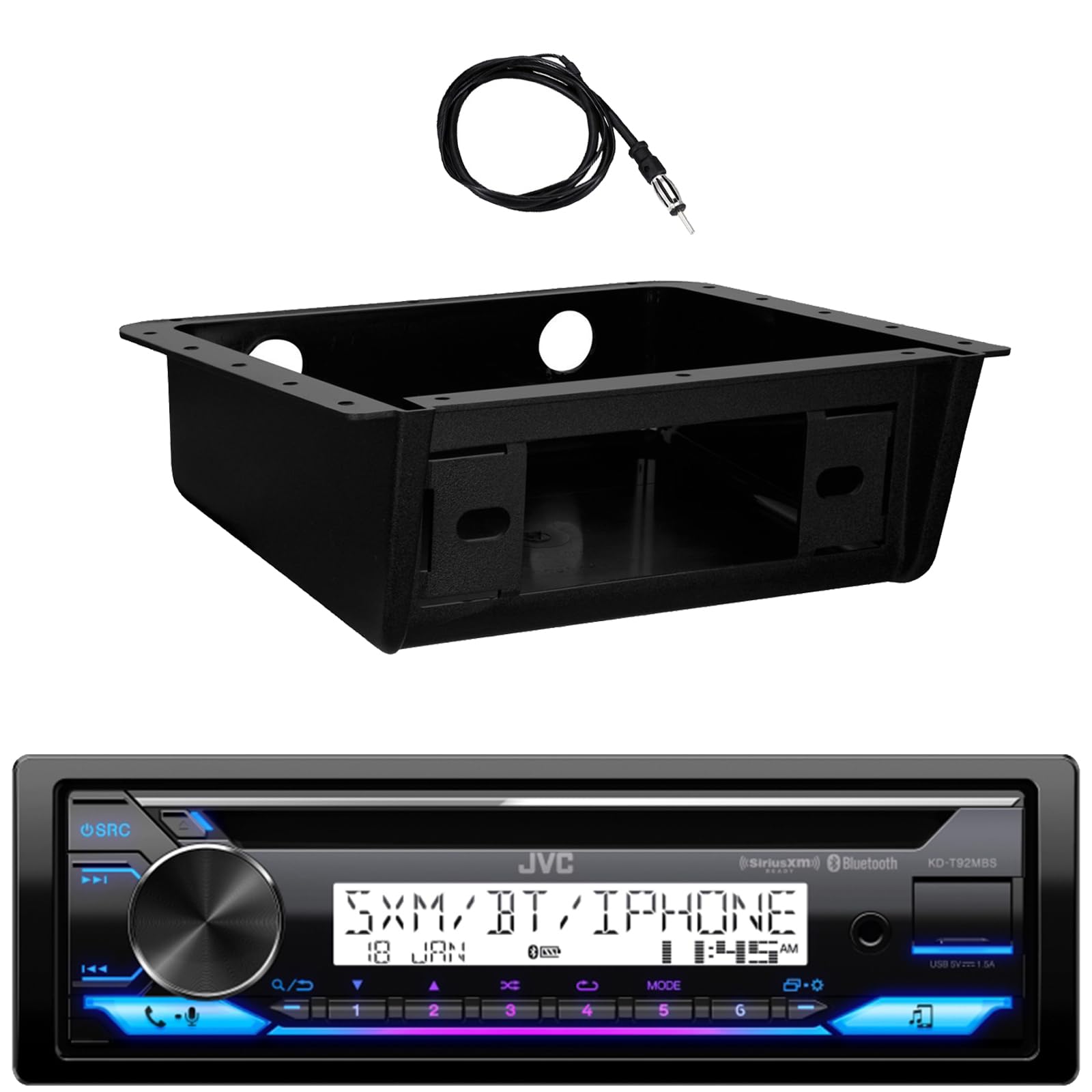 JVC KD-T92MBS Single DIN Marine Motorsports Bluetooth USB/AUX CD Player AM/FM Radio Stereo Receiver W/Fully Enclosed Under Dash/Overhead Installation Mounting Kit, 22" Radio Antenna