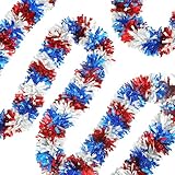 Gloreyan 33Ft 4Th Of July Patriotic Tinsel Garland Red White Blue Metallic Twist Foil Tinsel Garland Shiny Hanging Decorations For Independence Day Memorial Day Celebration Party Decorations