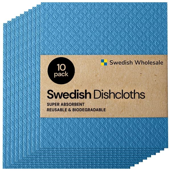 Swedish Dishcloth Cellulose Sponge Cloths - Bulk 10 Pack of Eco-Friendly No Odor Reusable Cleaning Cloths for Kitchen - Absorbent Dish Cloth Hand Towel (10 Dishcloths - Blue)