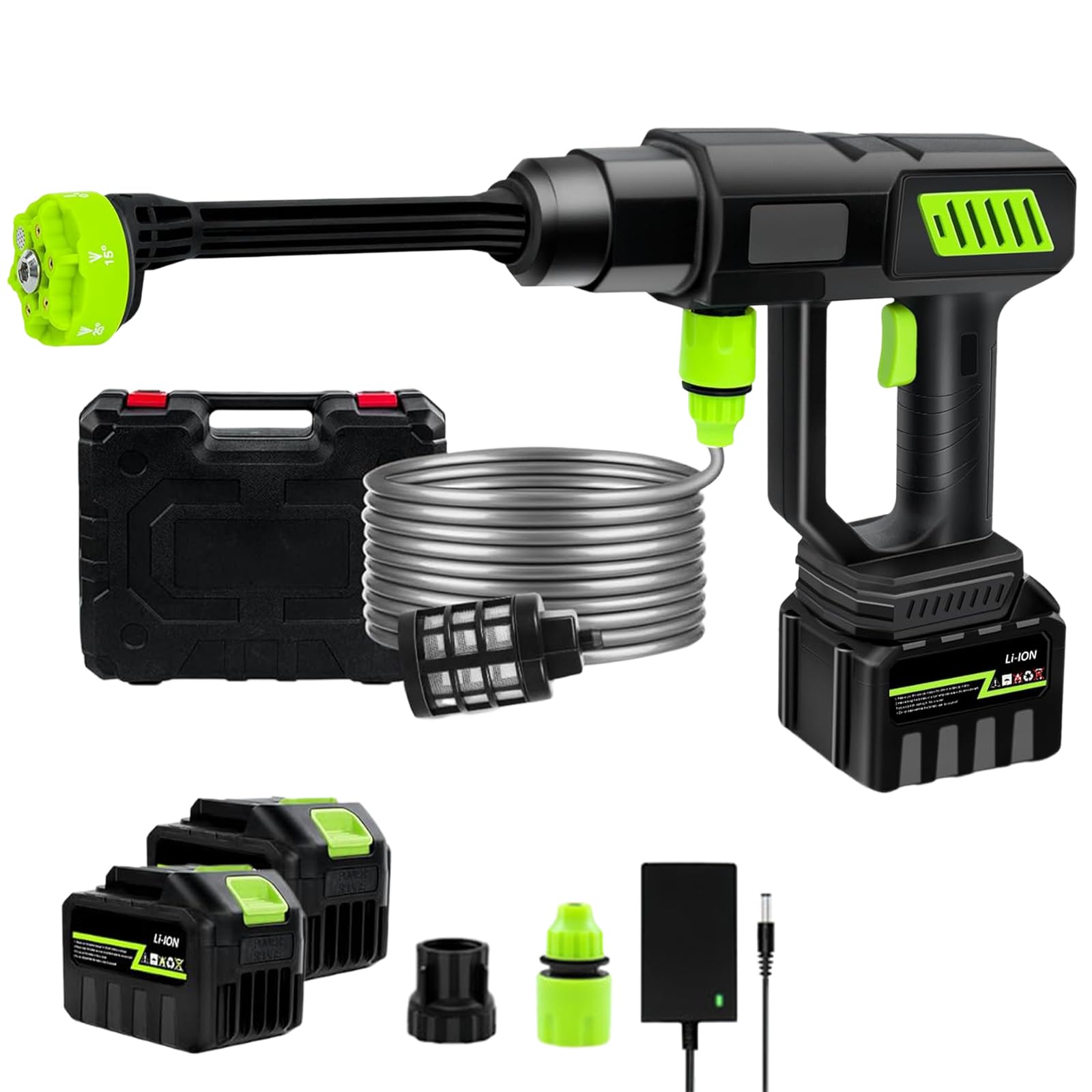 Cordless Pressure Washer with 2 Batteries, 1000W 21V Powerful Battery Power Washer with 6-in-1 Nozzle & 5M Hose, Portable High Pressure Jet Wash for Car, Patio, Garden and Home Cleaning (2 battery)