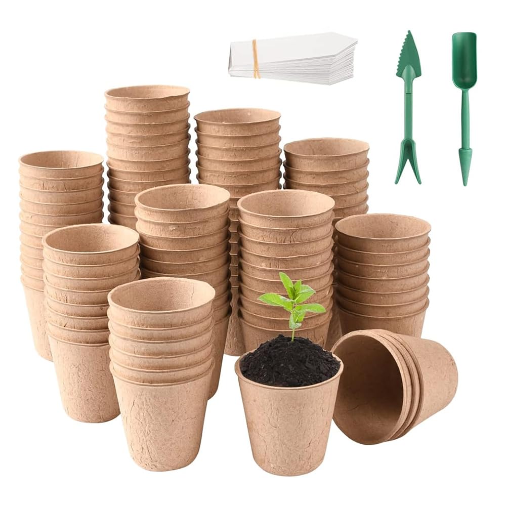 Lotvic 100 Pcs 8cm Biodegradable Plant Pots, Fibre Seeding Pots with 100Pcs Plastic Plant Labels and Widger & Dibber, Compostable Seed Pots for Seedling Vegetables Succulents Plants Fruit Flower