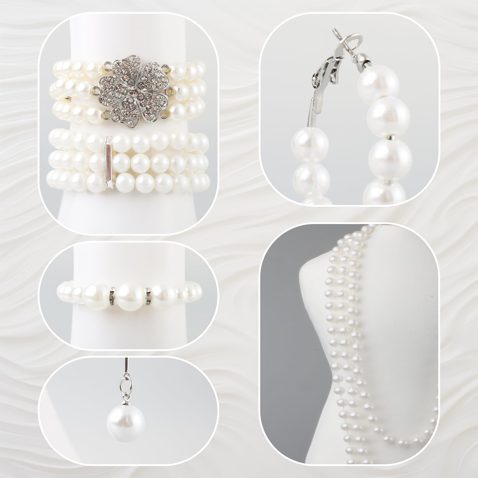 19 Pcs Pearl Necklace & Earrings Set - Faux Pearl Bracelet & Costume Jewelry for Wedding & Gift