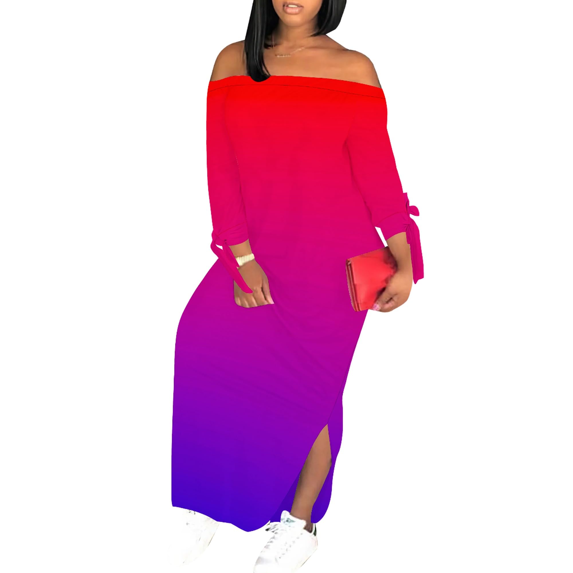 Women's Casual Plus Size Off The Shoulder Dress Side Split Beach Sundress Loose Long Sleeve T Shirt Maxi Dresses