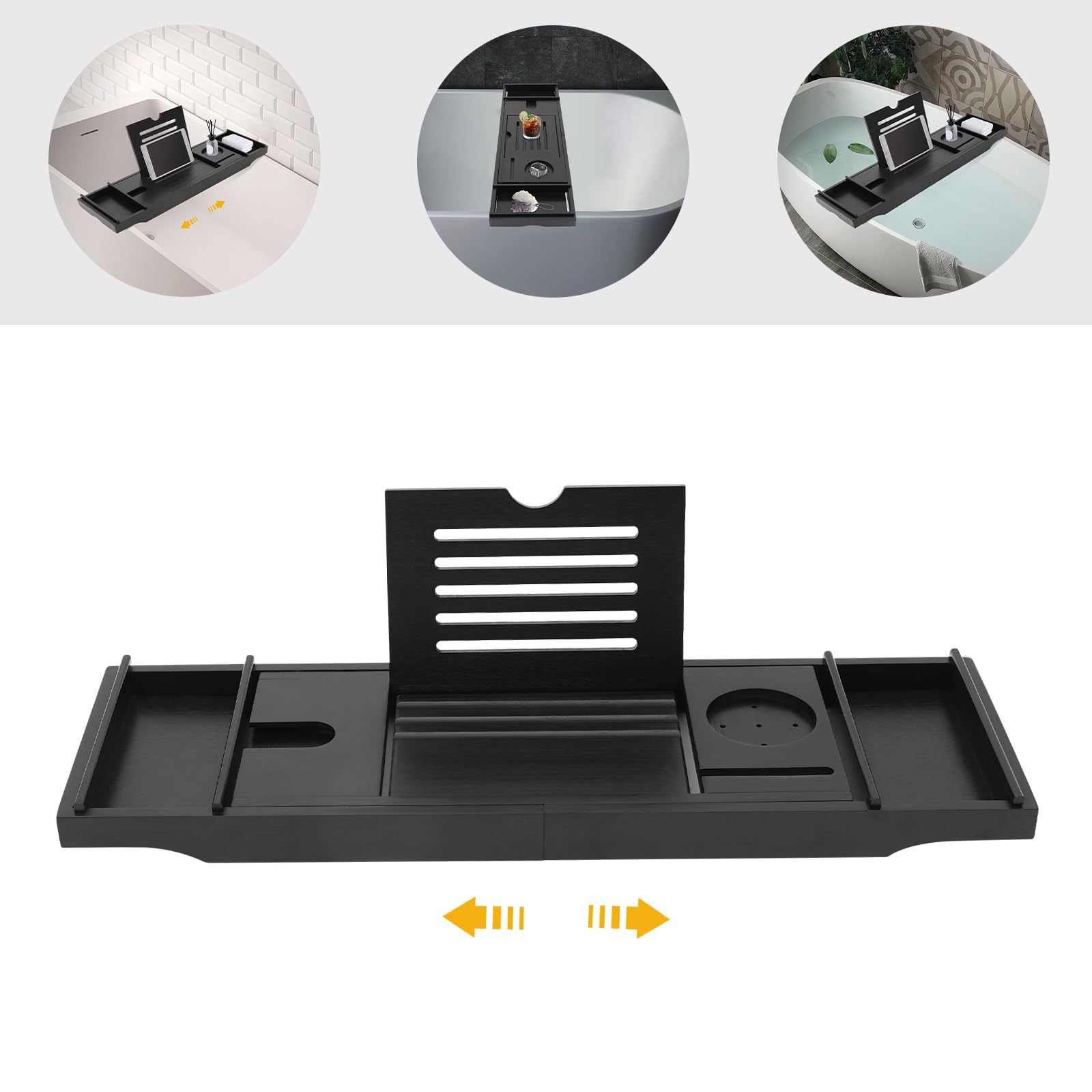 Bandeja para bañera extensible de bambú, ajustable de 75 – 111 cm, bandeja de baño, bandeja para bañera, para vino, té, café, teléfonos móviles, tabletas