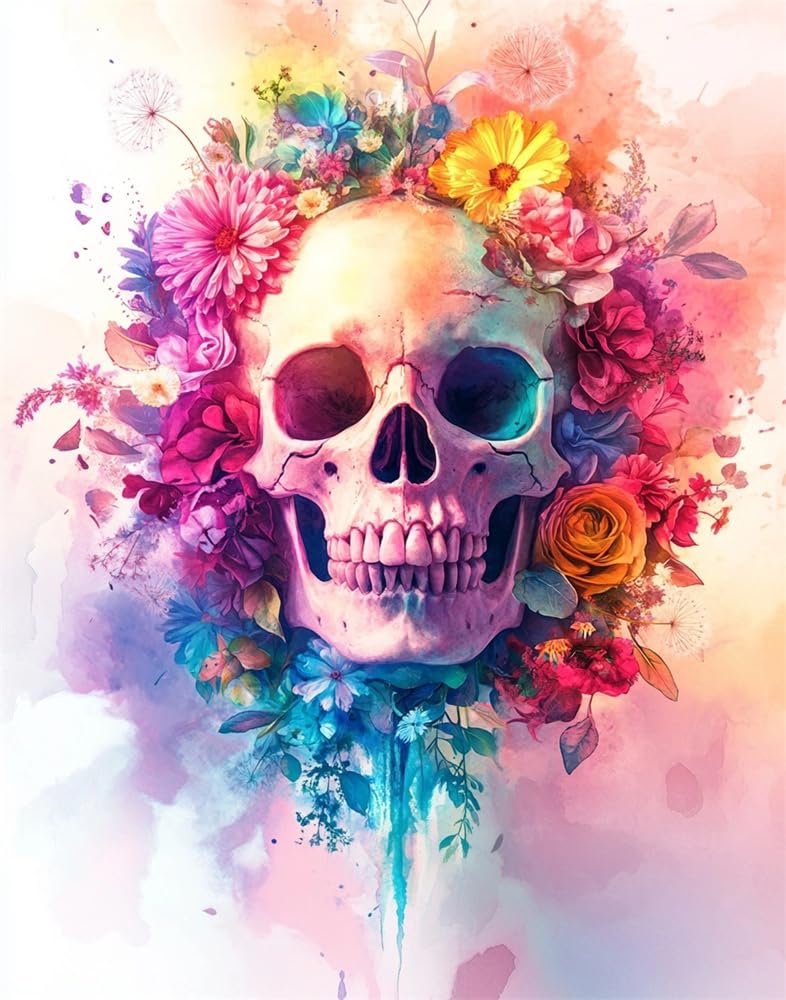 Henypt DIY Cross Stitch Counted Kits Stamped Kit Cross-Stitching Pattern for Home Decor Skull and Flowers 11Ct Fabric Embroidery Crafts Needlepoint Kit Adult Craft Kits