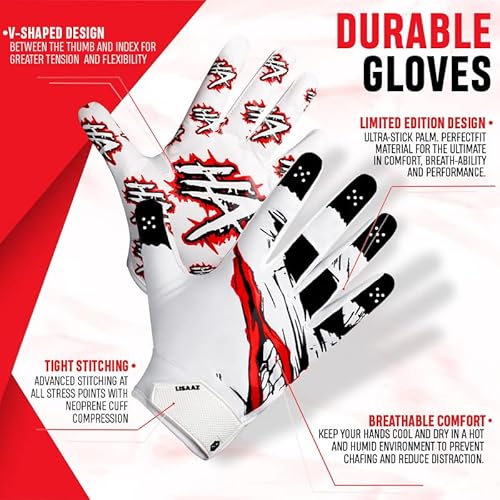 Lisaaz Football Gloves Skin Fit Tight-Stylish Youth Football Gloves Tacky Football Gloves Men | Football Gloves For Kids 8-12 Top Notch Football Receiver Gloves In Adult/Football Gloves Youth Sizes #TOP3
