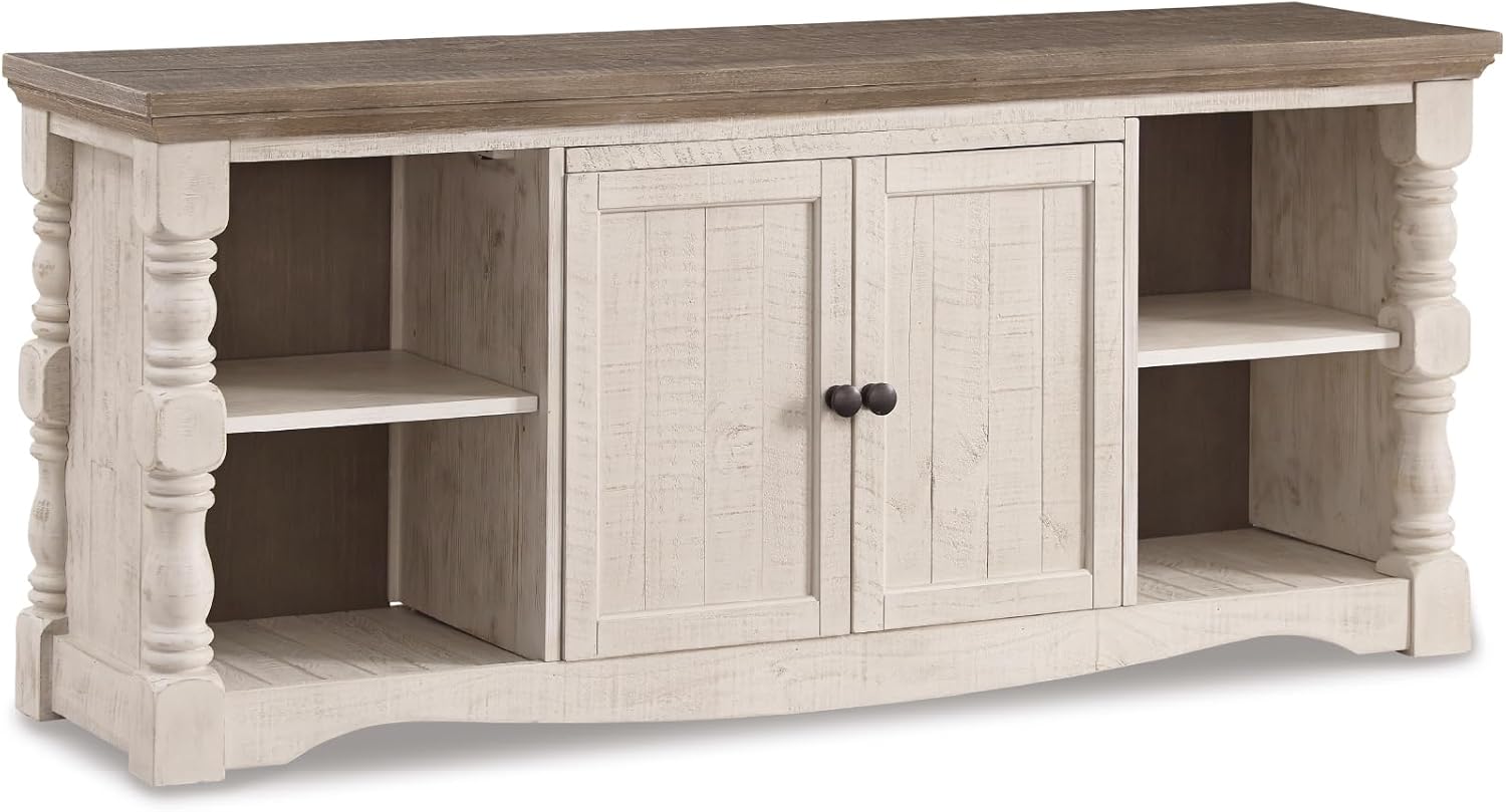 Signature Design by Ashley Havalance Farmhouse TV Stand Fits TVs up to 65", 2 Door Cabinet and Shelves For Storage, Vintage White & Weathered Gray