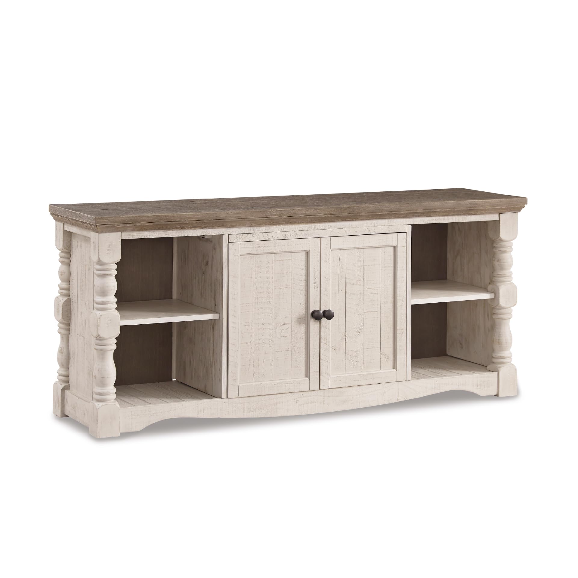 Signature Design by Ashley Havalance Farmhouse TV Stand Fits TVs up to 65", 2 Door Cabinet and Shelves For Storage, Vintage White & Weathered Gray