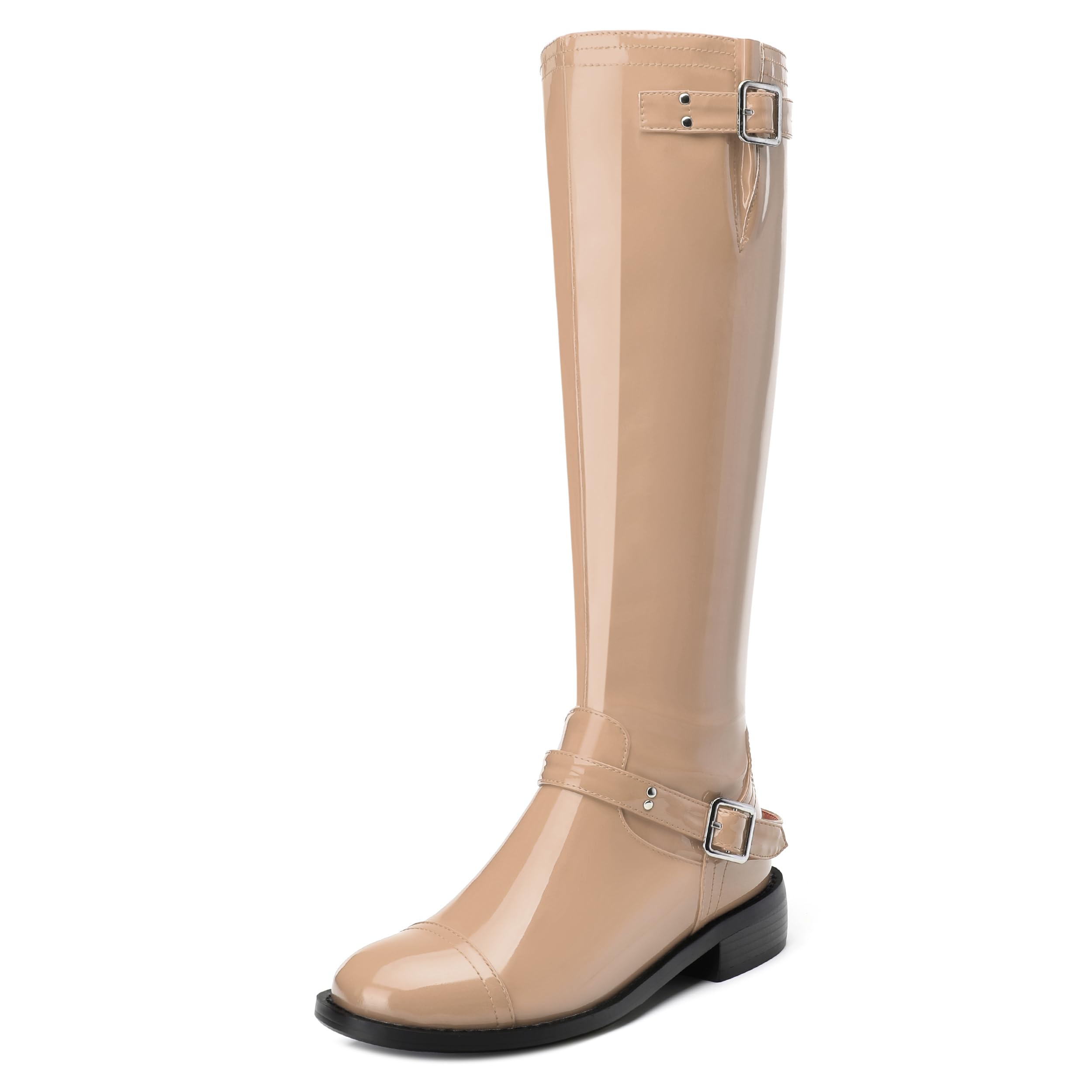 AMBELIGHT Flat Knee High Boots for Women Zipper Round Toe Patent Low Heel Wide Calf Long Boots Casual Fall Winter Tall Boots