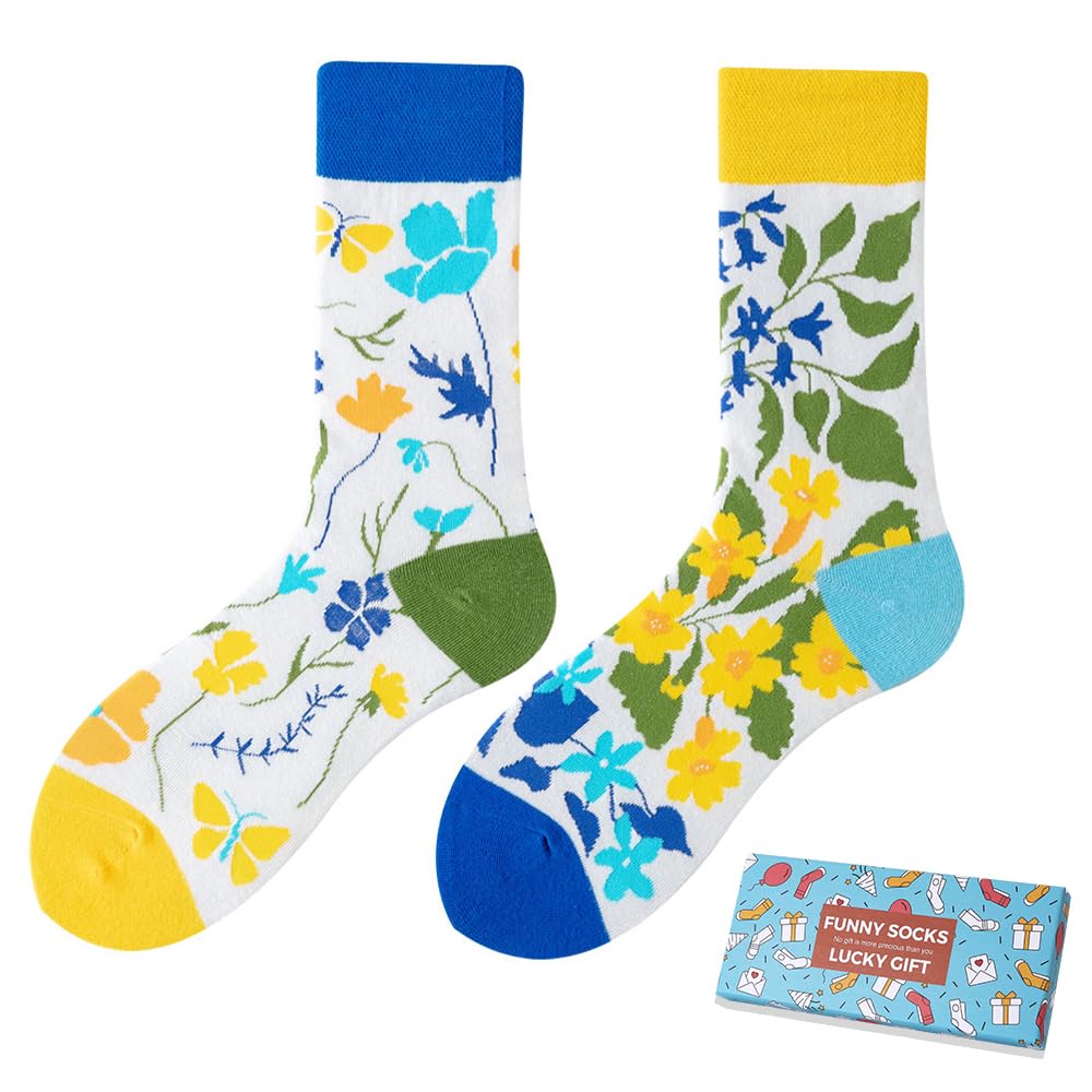 NxnChc Lustige Socken Für Damen Und Herren Unisex Viele Motive Tier Essen Obst Sport Kunst Aus Baumwolle Geschenk Asymmetrische Muster Links Und Rechts
