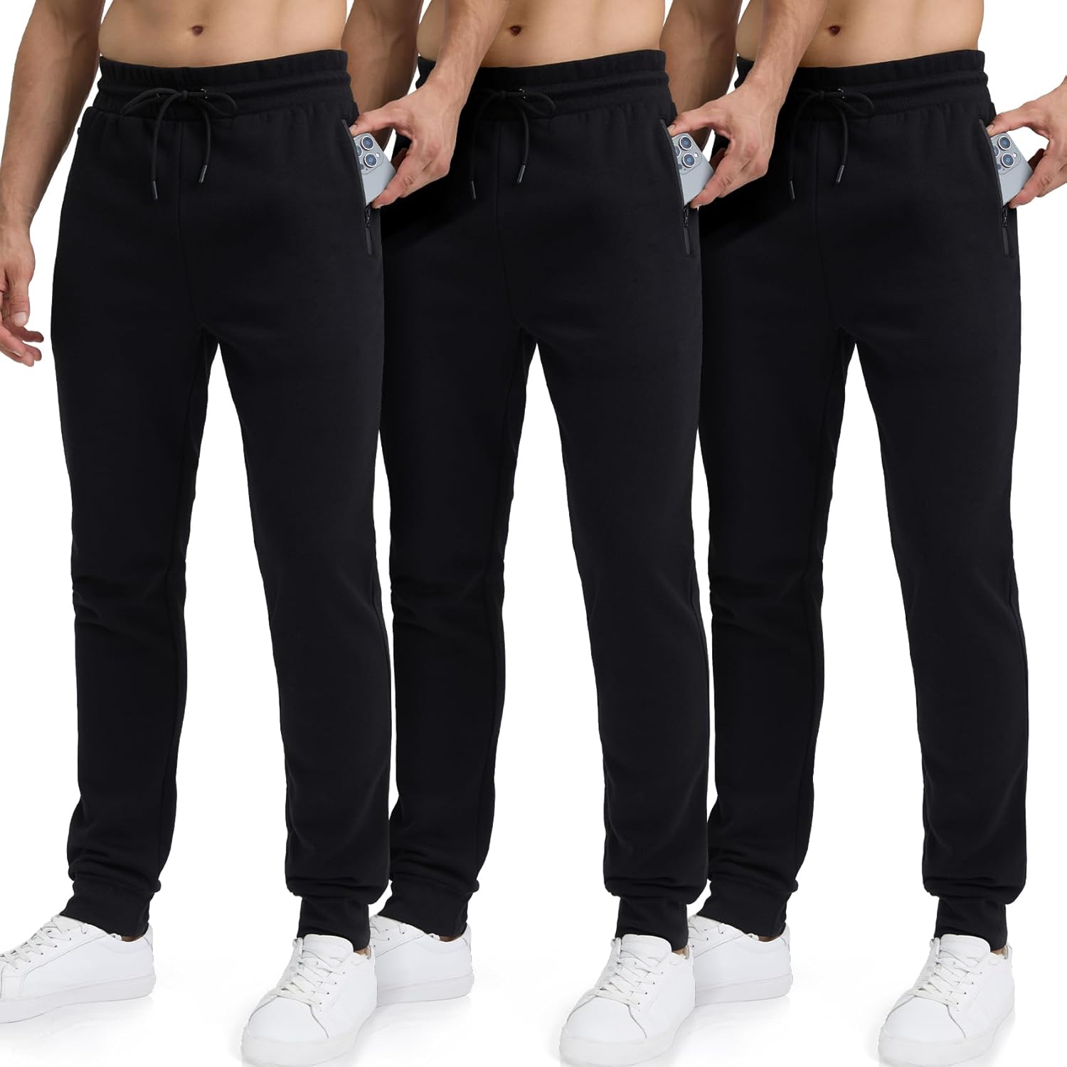 Sweatpants for Men Fleece 3 Pack Joggers Gym Workout Athletic Track Mens Sweat Pants Cotton with Zipper Pockets