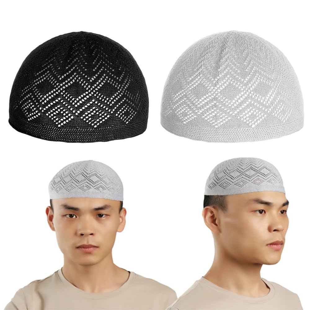 barakath Eid Soofi Knitting Kufi Cap Mens Muslim Designer Stretchable Prayer Topi (3) White-picture-19