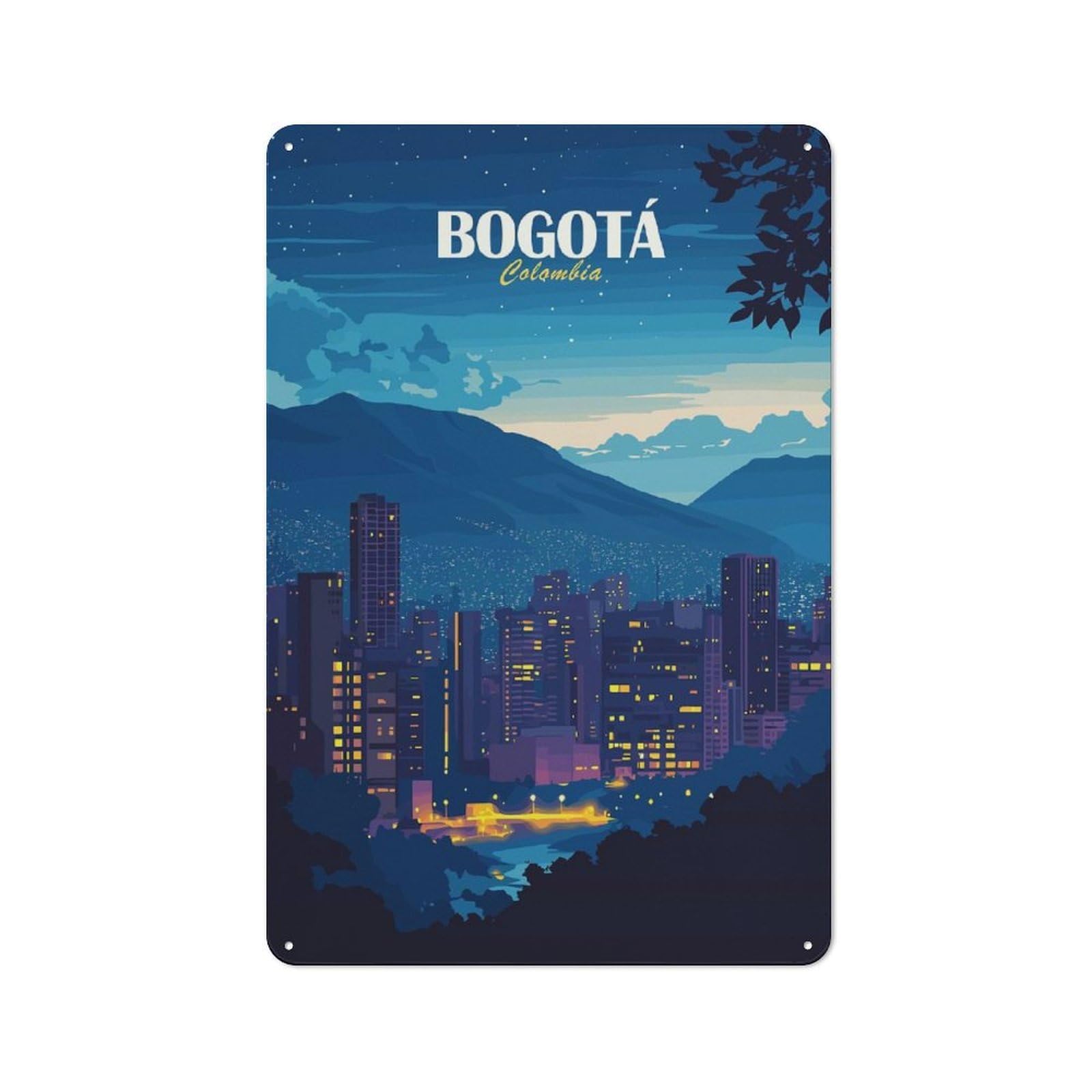 Junmoney Bogotá Colombia Cityscape At Night Metal Sign 30X20cm With For Hallway Wall, Rustic Decor, For Wall Display Collectors