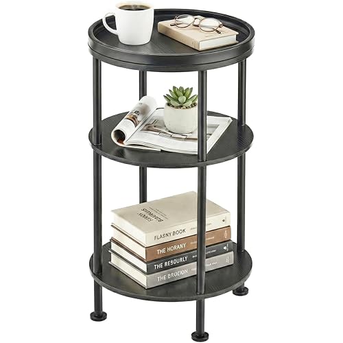 Small Round Side Table with Tray Top, 3-Tier Black End Table for Living Room & Bedroom, Modern Metal Nightstand with Storage Shelf, 11.8" Narrow Accent Table for Small Spaces, Balcony, Classic Black