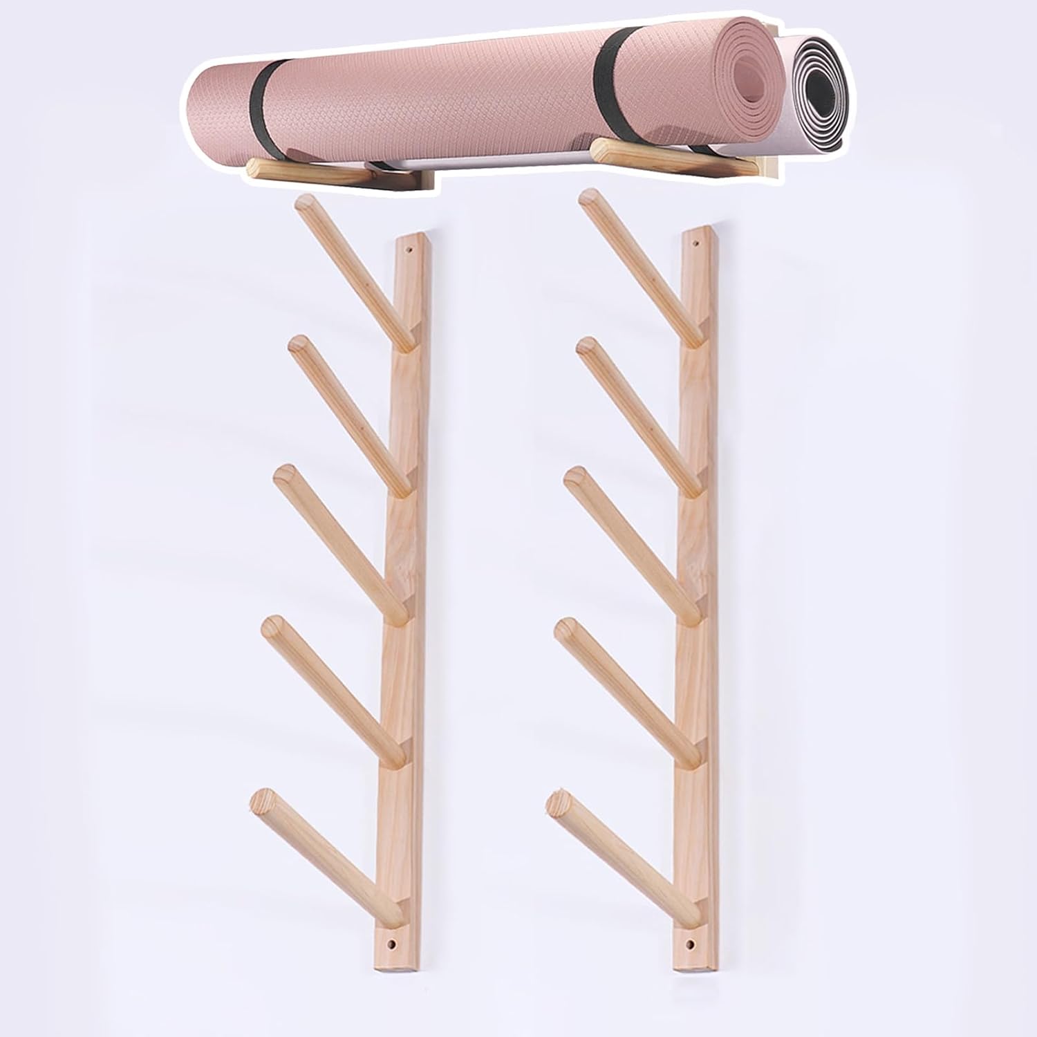 Wall-Mounted Yoga Mat Holder, 1-Tier Wooden Rack for 2 Mats, Space-Saving Gym Organizer, 5-Layer Display Shelf (90cm) for Yoga Equipment Storage.