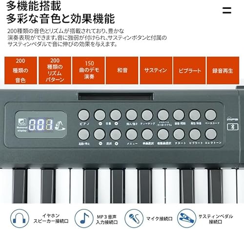 HZDMJ 電子ピアノ 88鍵盤 折り畳み式 電子 ピアノ 充電型 MIDI対応 200種音色 二つステレオスピーカ 初心者向け Piano 練習用 イヤホン 日本語説明書 日本語操作ボタン 専用ケース付き コンパクト 携帯型 持ち運び 軽量 子供 ピアノ練習 新学期 教学 演奏 12点セット 黒