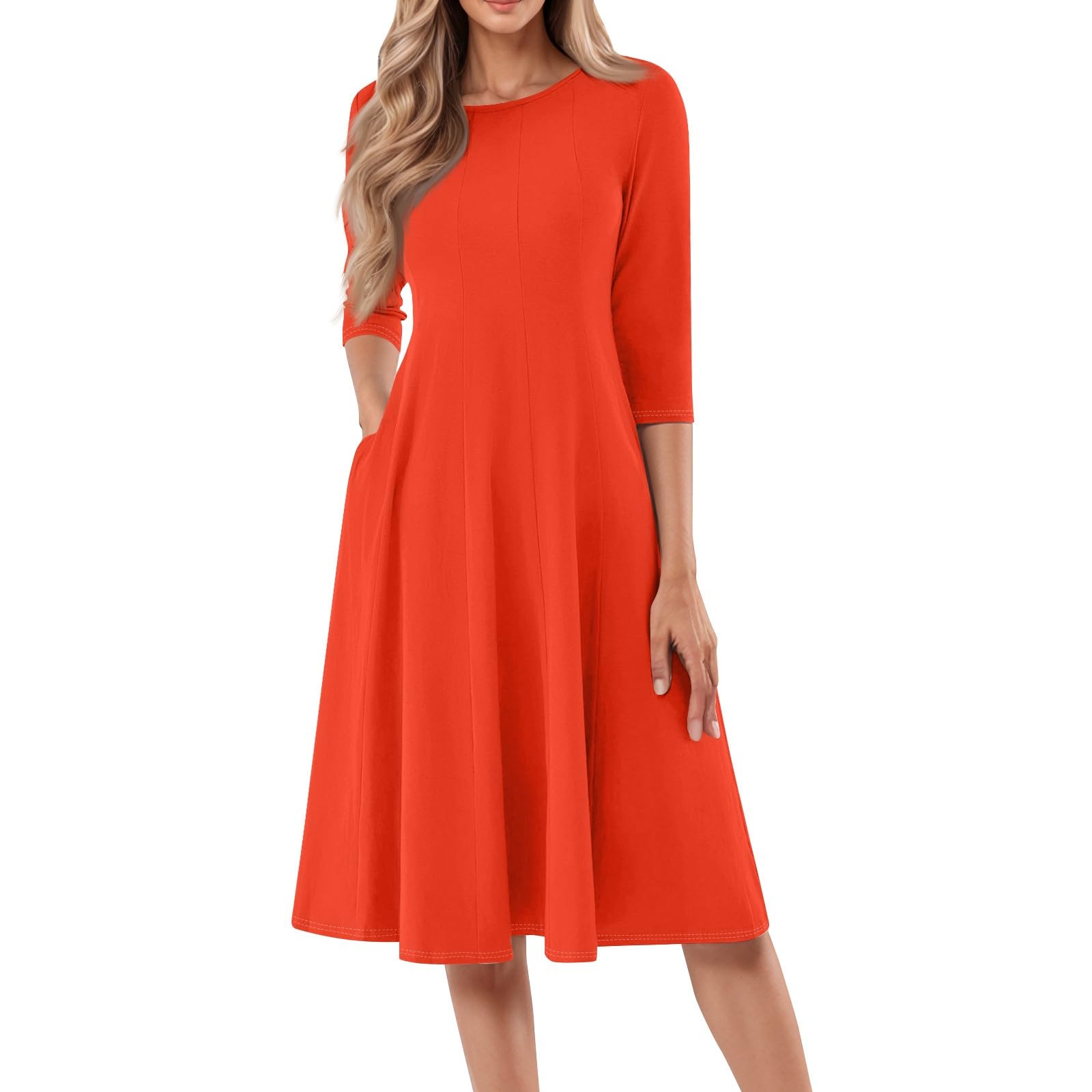TWGONE Women Round Neck 3/4 Sleeve A Line Midi Dress Solid Color Casual Swing Dress with Pockets