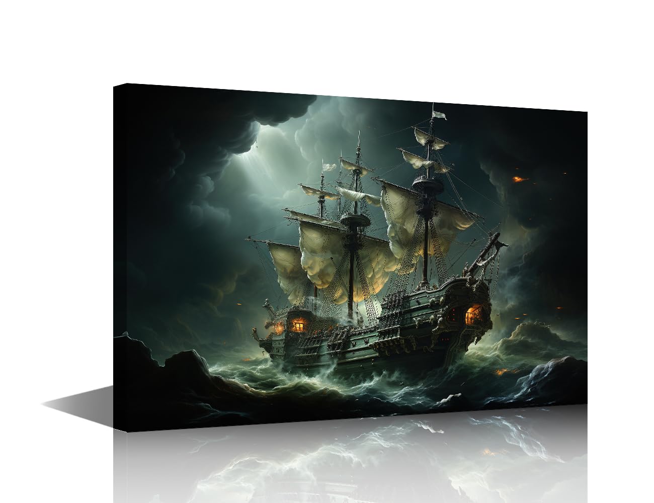 Canvas Wall Art for Bedroom Pirate Ship in the Sea on a Full Moon Background Wall Art for Living Room Pirate Ship Wall Art Decor Modern Artwork for Home Walls Giclee Framed Ready to Hang 24x16 in