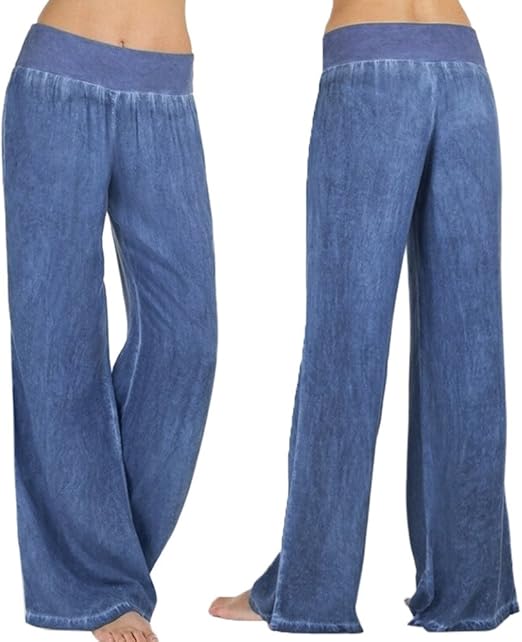Women's Casual Cotton Pullon Pant with Elastic Waist High Waist Denim