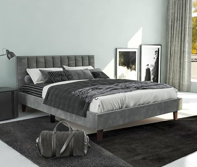 STRATA FURNITURE Wooden Queen Size Bed Upholstered Double Bed Grey Finish Bedroom Furniture