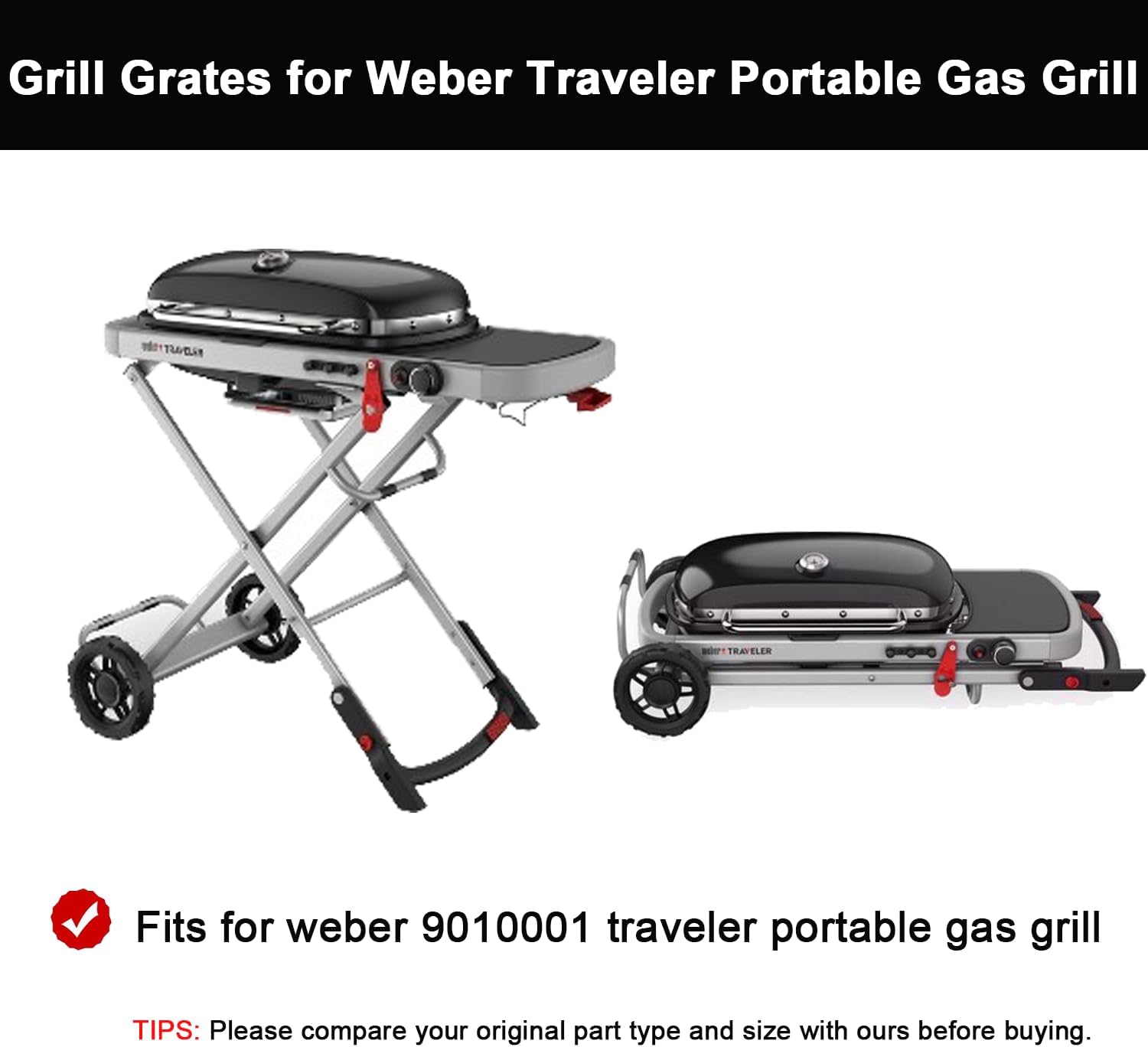 Cast Iron Grill Grates for Weber Traveler Gas Grill, 9010001 Model, Cooking Griddle Replacement Part for Weber Traveler Grill Cover, 2PCS