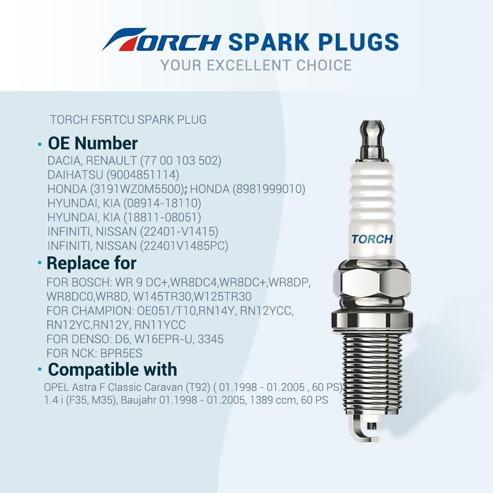 TORCH 8pcs F5RTCU U-shaped Groove Spark plug Replace for 7422/BPR5ES, for Denso W16EPR-U W16EXR-U,for Cham pion 322/RN11YC 404/RN12YC 8405, for BOSCH WR9DC+, 0242229607,WR8DP, for TO YOTA 90098-16325