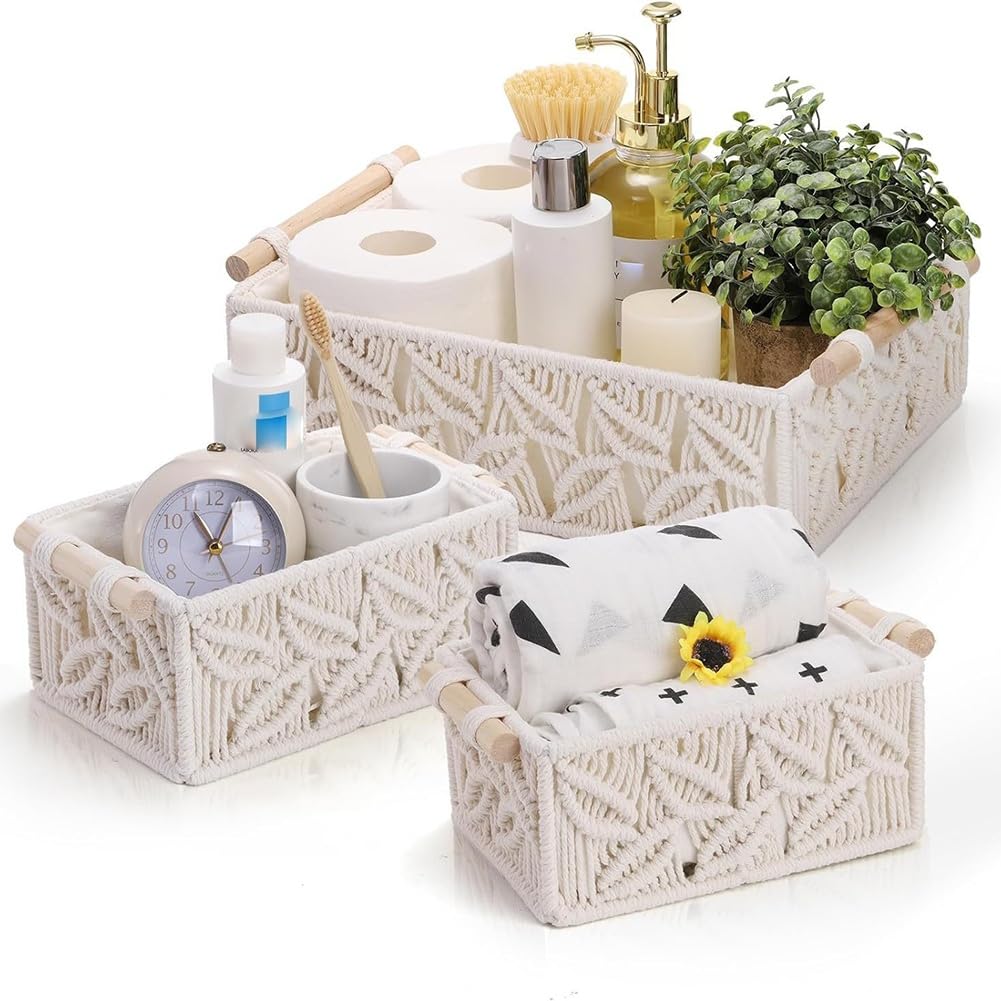 CTRLZS Handmade Boho Macrame Storage Baskets-3pcs with Handles for Home Decor and Organization Space Management
