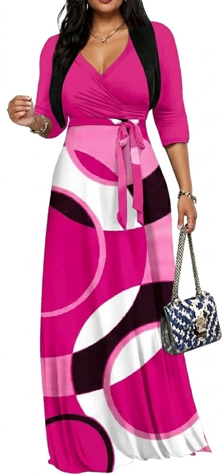 Women's Church Maxi Wrap V Neck 3/4 Sleeve Tie Waist Plus Size Long Dress