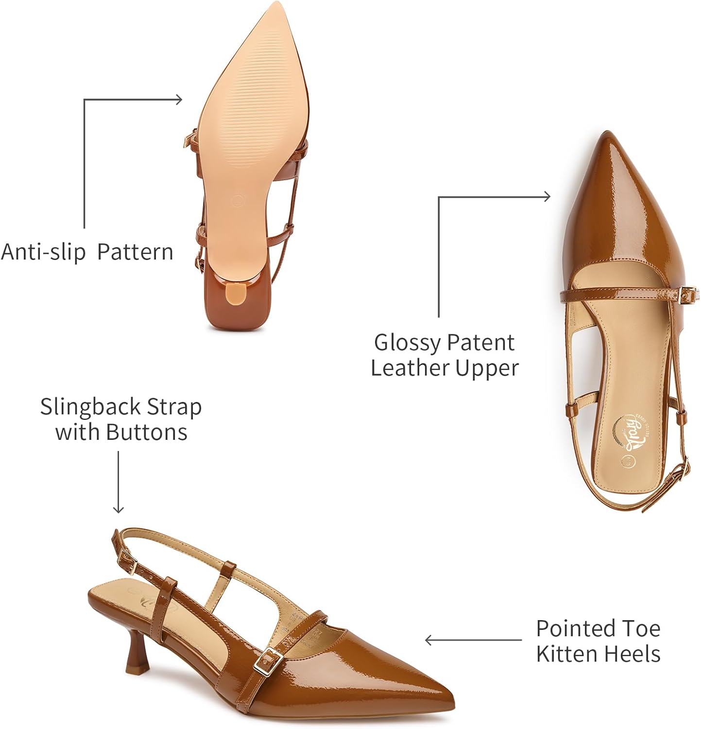 Trary Slingback Kitten Heels for Women,Pointed Toe Closed Toe Pumps,Sexy Brown Shoes Women for Wedding,Size 7.5 - Image 4