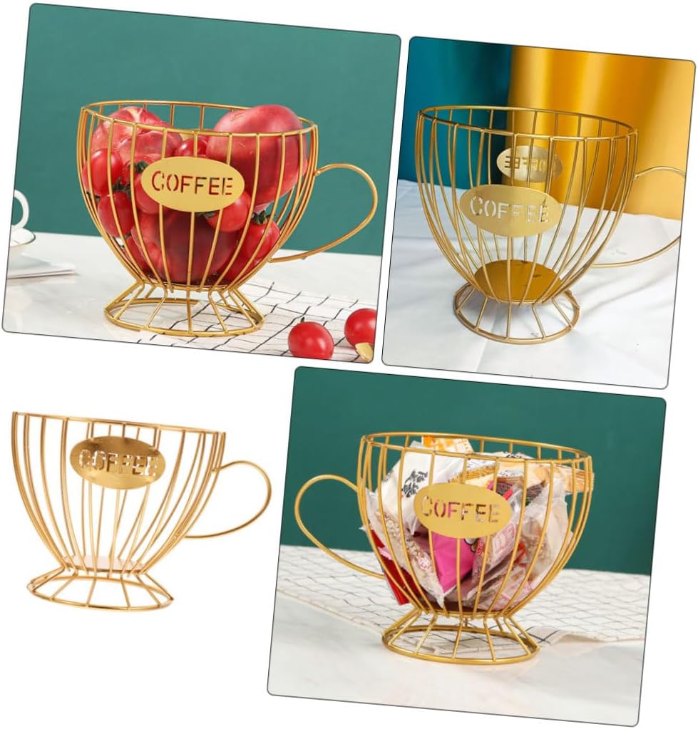 Gold Wire Coffee Organizer Basket Multifunctional Iron Storage for Coffee Capsules Fruit Snacks and Sugar Packets Large Capacity Countertop Holder for Home