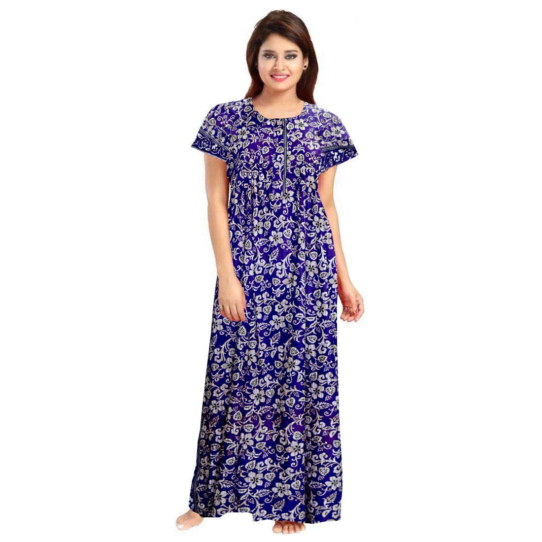 NEGLIGEE Women's Cotton Printed Maxi Nighty - Free Size - Blue Color