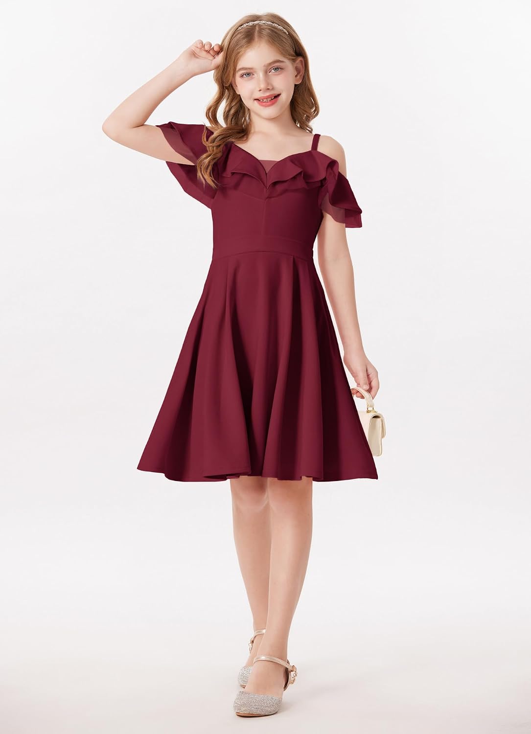 GRACE KARIN Girls Elegant Party Dress Cold Shoulder Ruffled Neckline High Waist A-Line Dress for Girls 7-14 Years