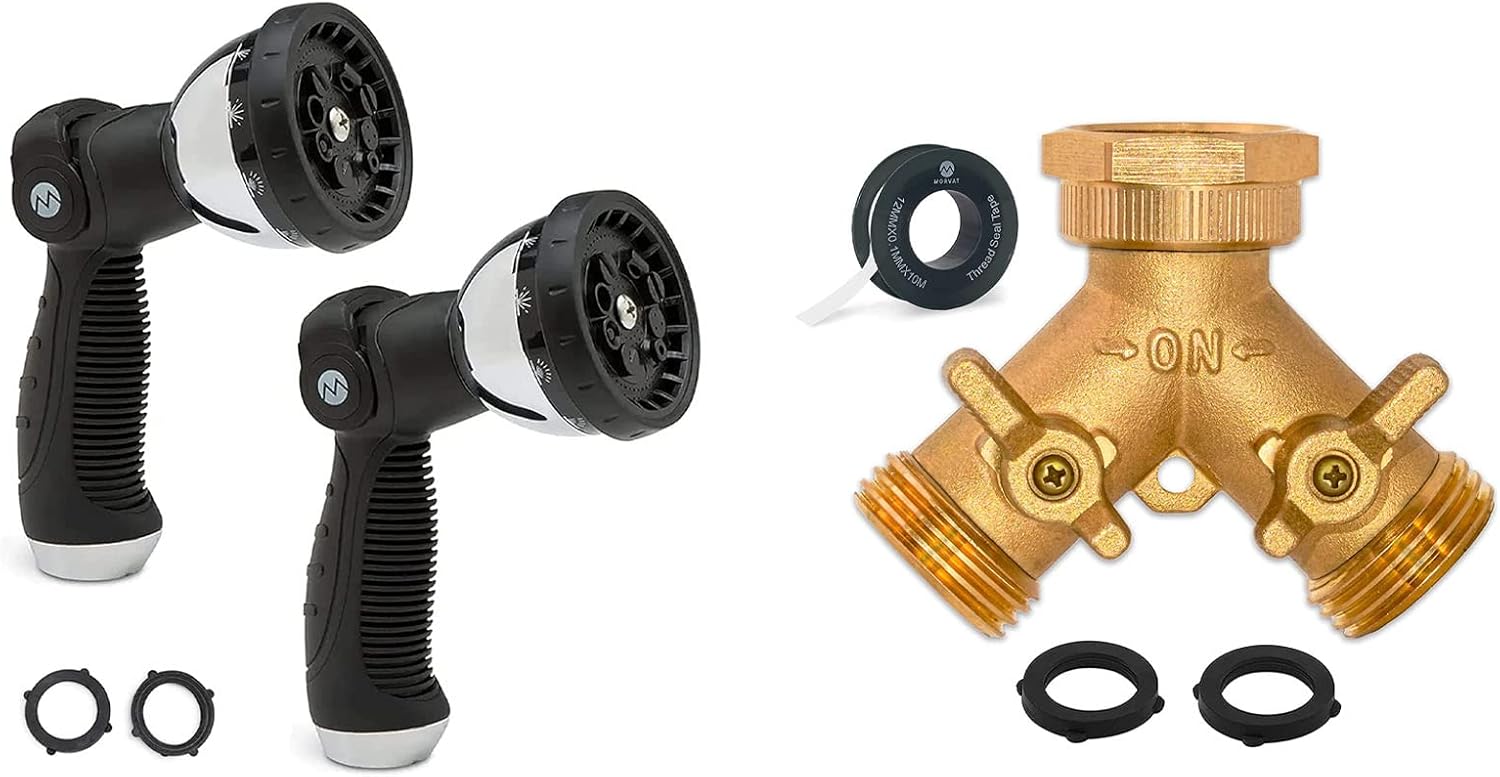 Morvat Brass 2 Way Garden Splitter with Shut Off Valves, Includes Extra Rubber Washers & Teflon Tape PLUS Water Hose Sprayer with 10 Spray Patterns -2-PACK- Thumb Controlled On/Off Lock