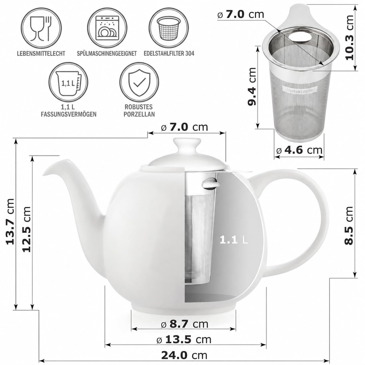 Urban Lifestyle Teekanne mit Siebeinsatz 1,1 Liter, Hochwertige Fine Porzellan Teekanne mit Edelstahl Sieb & Filter, 800 ml Nutzvolumen, Tropffrei, Deckel stabilisiert Swansea Weiß