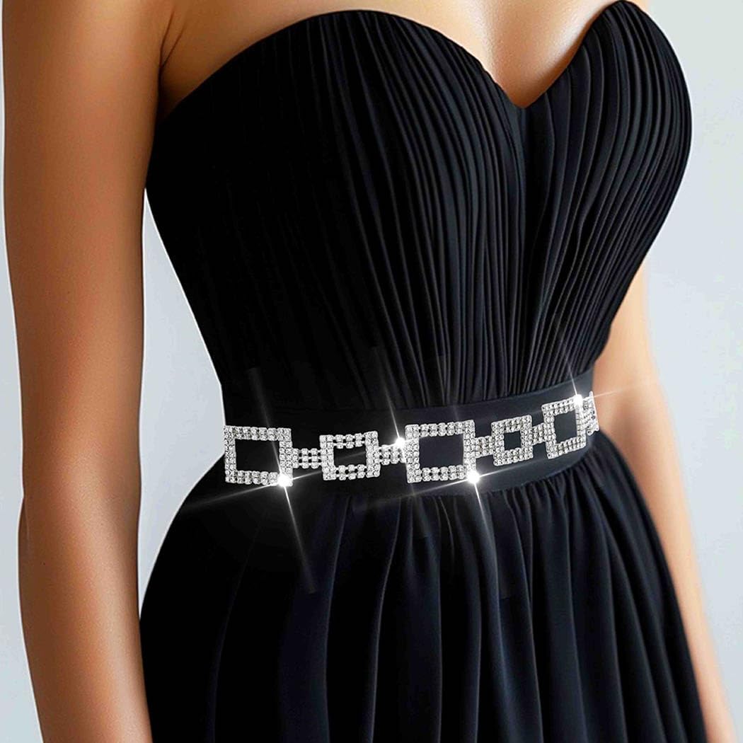 Silver Rhinestone Belts Sparkly Dress Belt Chain Fashion Bling Waist Accessories for Women