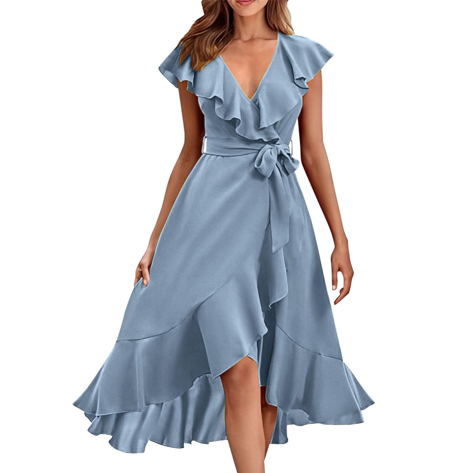 Generic Vestidos Verano Mujer 2024 Elegantes Vestido Encaje De Temperamento Largo con Volantes Manga Corta Cuello V para Mujeres Vestidos De Fiesta Mujer Elegantes Bodas Vestidos para Invitada Coctel Noche