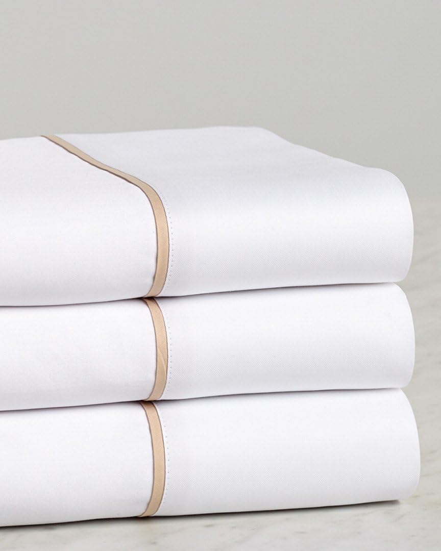 Westin Ultra Luxe Middle Sheet - Soft, Luxurious 600 Thread Count Cotton Flat Sheet - White with Taupe Trim - Queen (92" x 103")