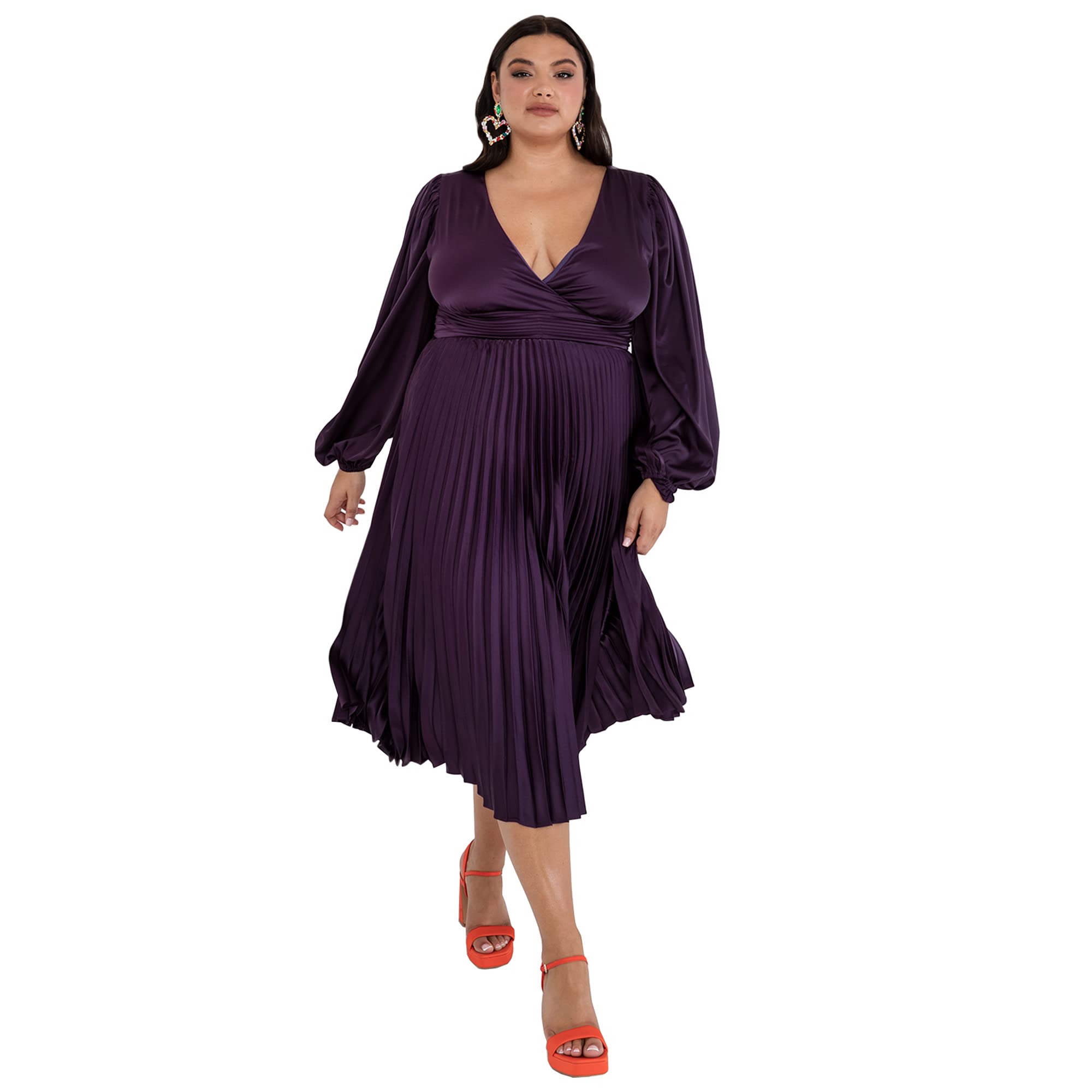 Lovedrobe Women's Pleated Midaxi Ladies Evening Gown V Neckline Back Keyhole Long Sleeve Bishop Satin Dress, Purple, 24 UK