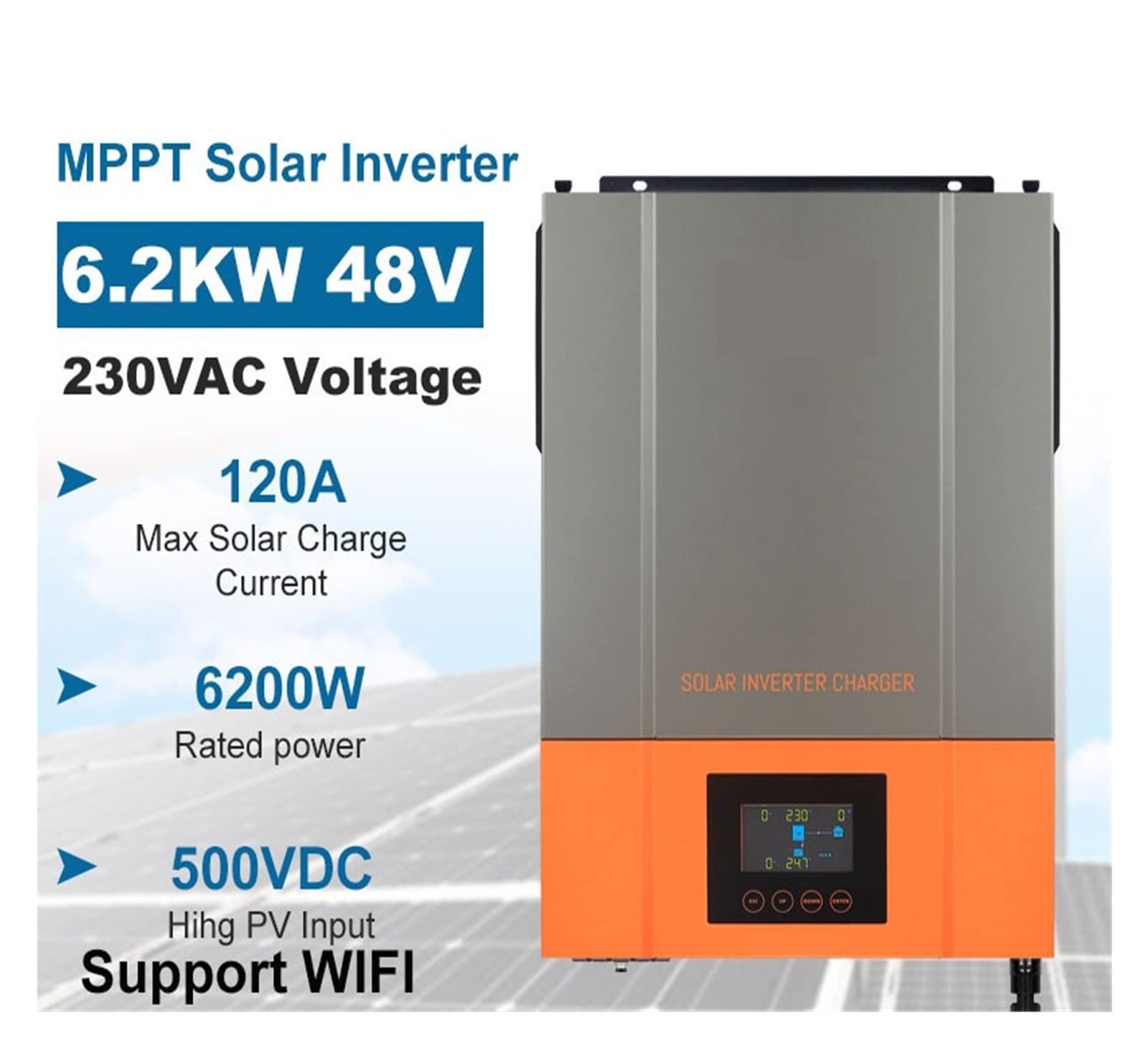 Controlador de carga solar, Inversor solar híbrido de 6.2KW onda sinusoidal pura 48V 230VAC PV Entrada Max 500vdc MPPT 120A Controlador Soporte Li(6.2KW With WIFI)