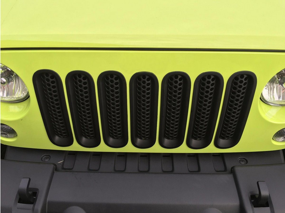 Rejilla Frontal De Malla Negra Brillante Para Jeep Wrangler JK 2007-2015 - Pack De 7 Piezas, Fácil Instalación