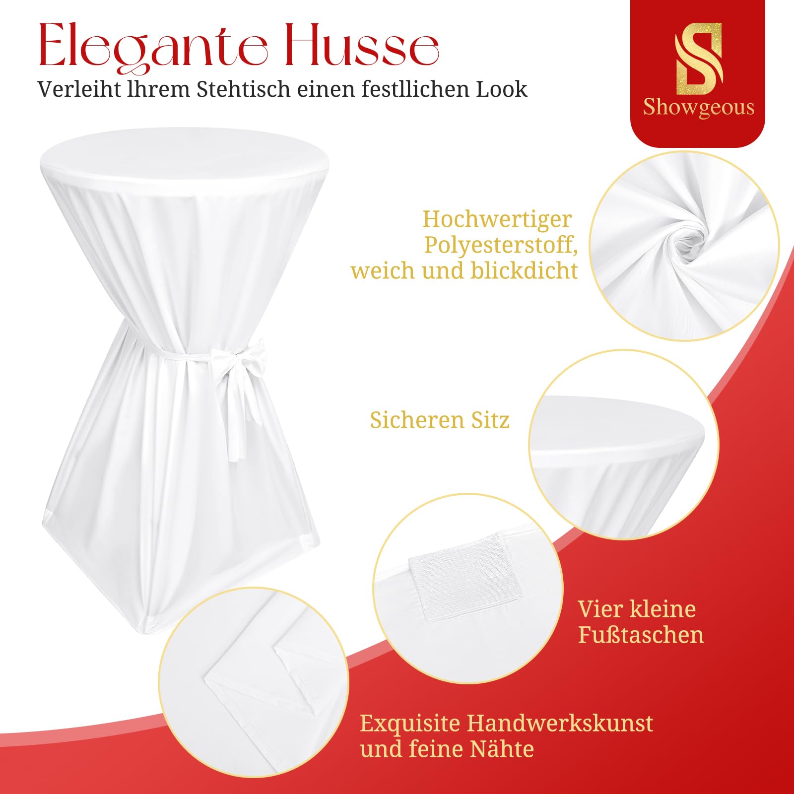 Showgeous Lot de 6 Housses de Table de Bar Premium 60 cm Blanches Housses de Table pour Tables de Bar 60 cm Housse de Table de Bar, Nappe de Table de Bar Antidérapante et Lavable Ruban
