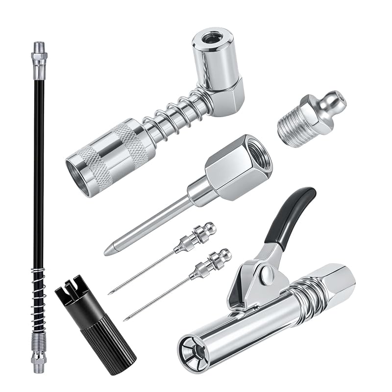 Kit de acessórios para engraxadeira DGCGCZ-01 com acoplador de 90°, agulhas, mangueira e limpador de pino de graxa, 8 peças