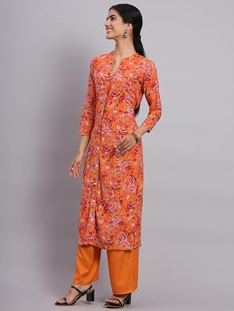 Tissu Women's Rayon Orange Floral Printed Kurta with Palazzo
