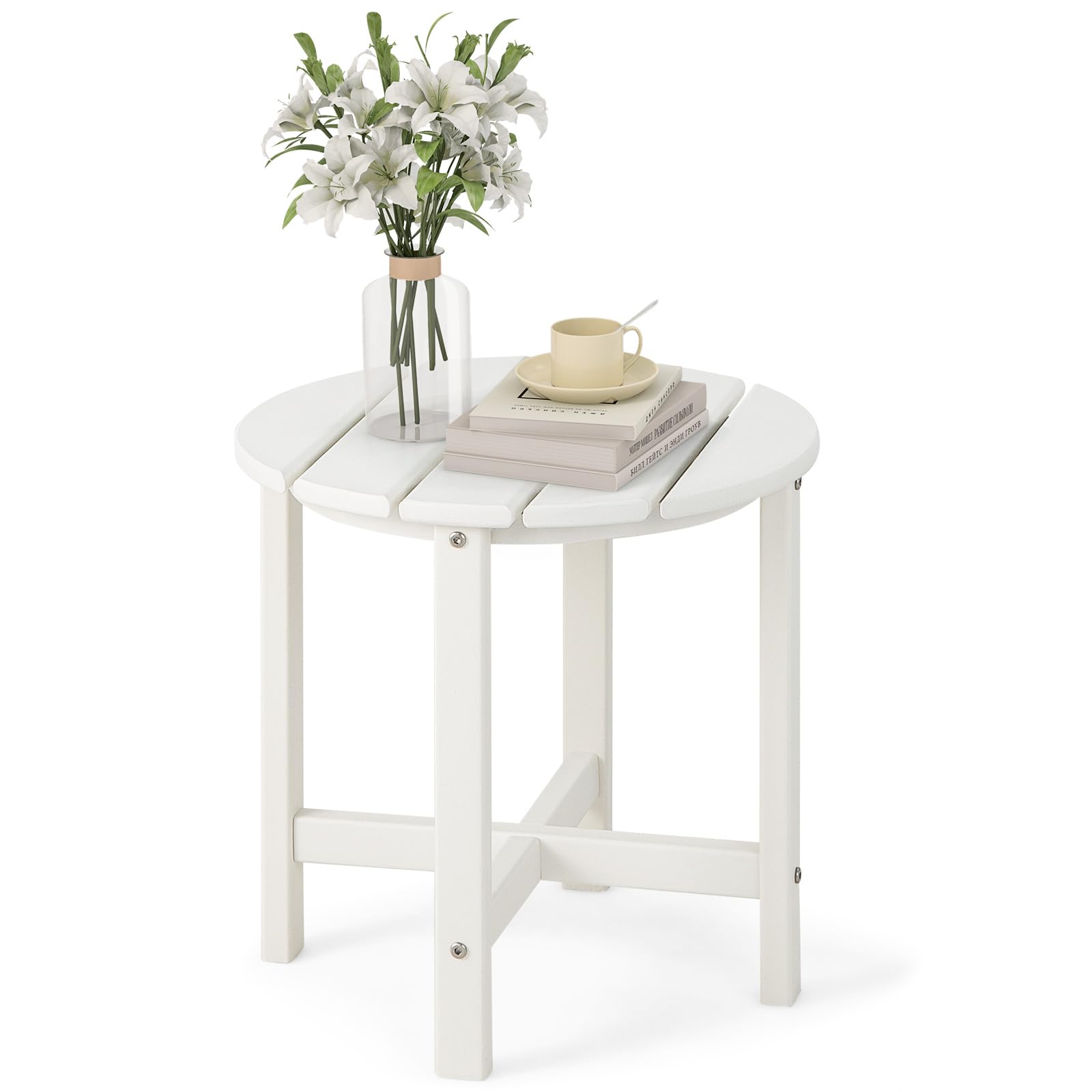 GIANTEX Mesa Redonda Pequeña de Patio, Mesa Auxiliar de Exterior de HDPE con Capacidad de Carga de 100 kg, Mesa de Jardín para Interiores y Exteriores (Blanco)