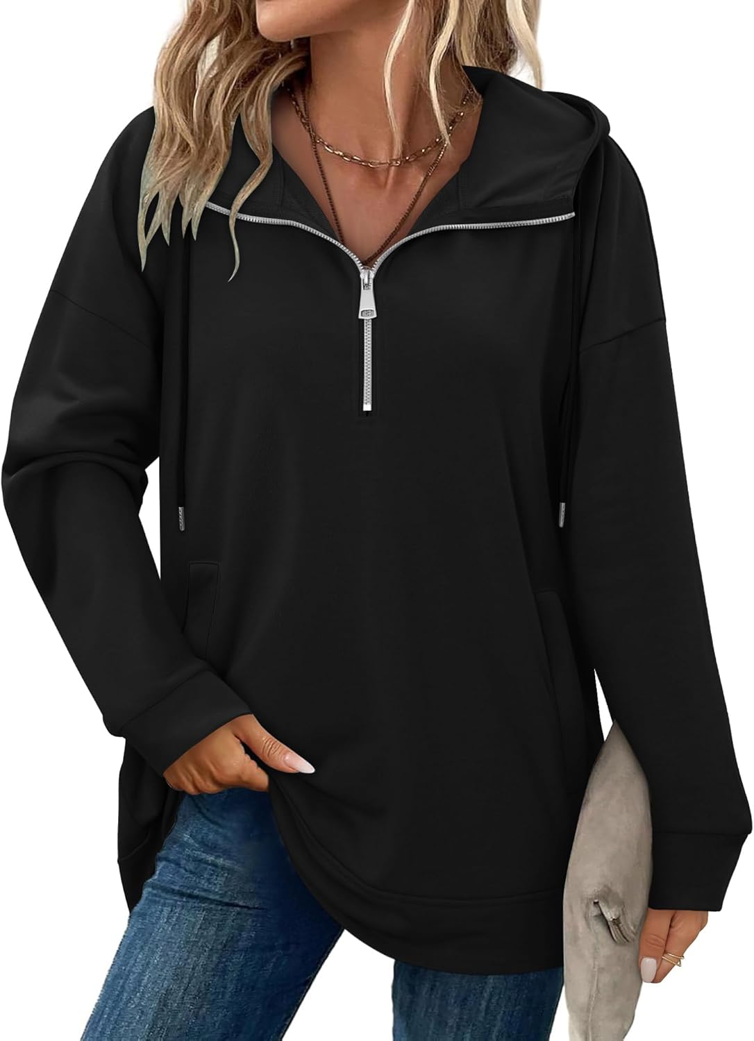 onlypuff Women Hoodie Pullover Trendy Quarter Zipper Lapel Sweatshirts Drawstring Cute Hooded Tunic Tops with Side Pockets - Image 2