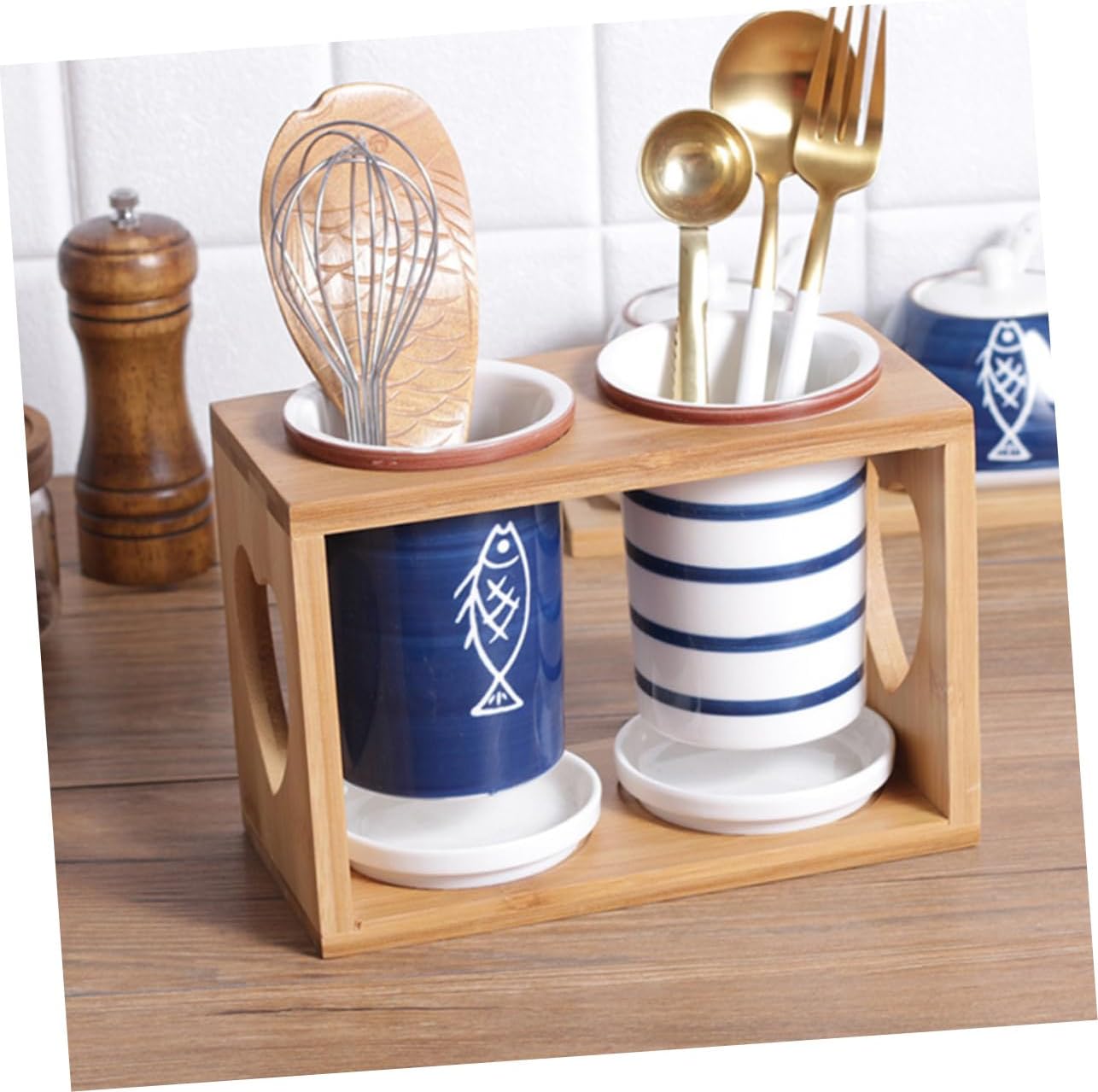 Japanese Hand-Painted Ceramic Bamboo Chopstick Holder Multi-Functional Drain Rack for Kitchen Cutlery Storage Canister for Home Organization