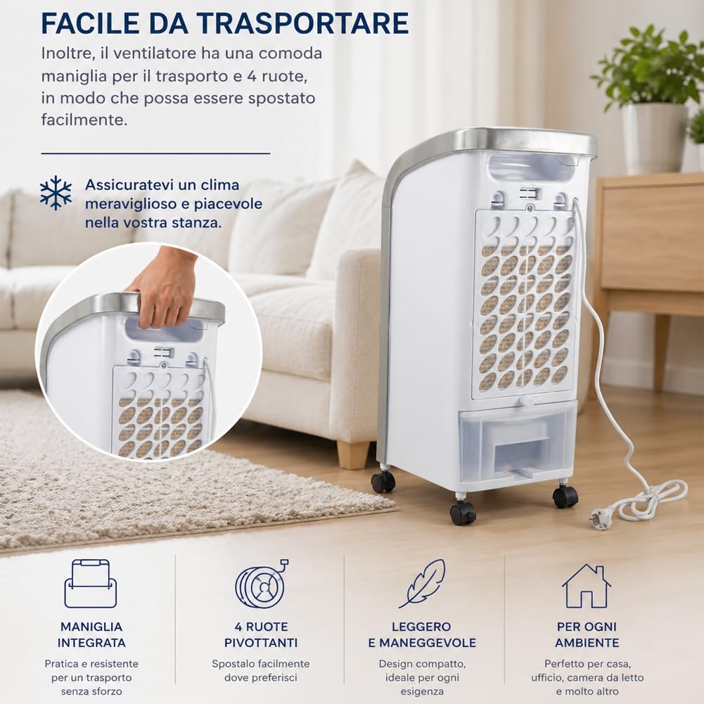 BAKAJI Raffrescatore ad Aria Fredda con 2 Blocchi Refrigeranti e Telecomando per Controllo da Distanza, Serbatoio 4 Litri, Air Cooler Silenzioso, Oscillazione Automatica 60°, 25 x 26.5 x 57 cm