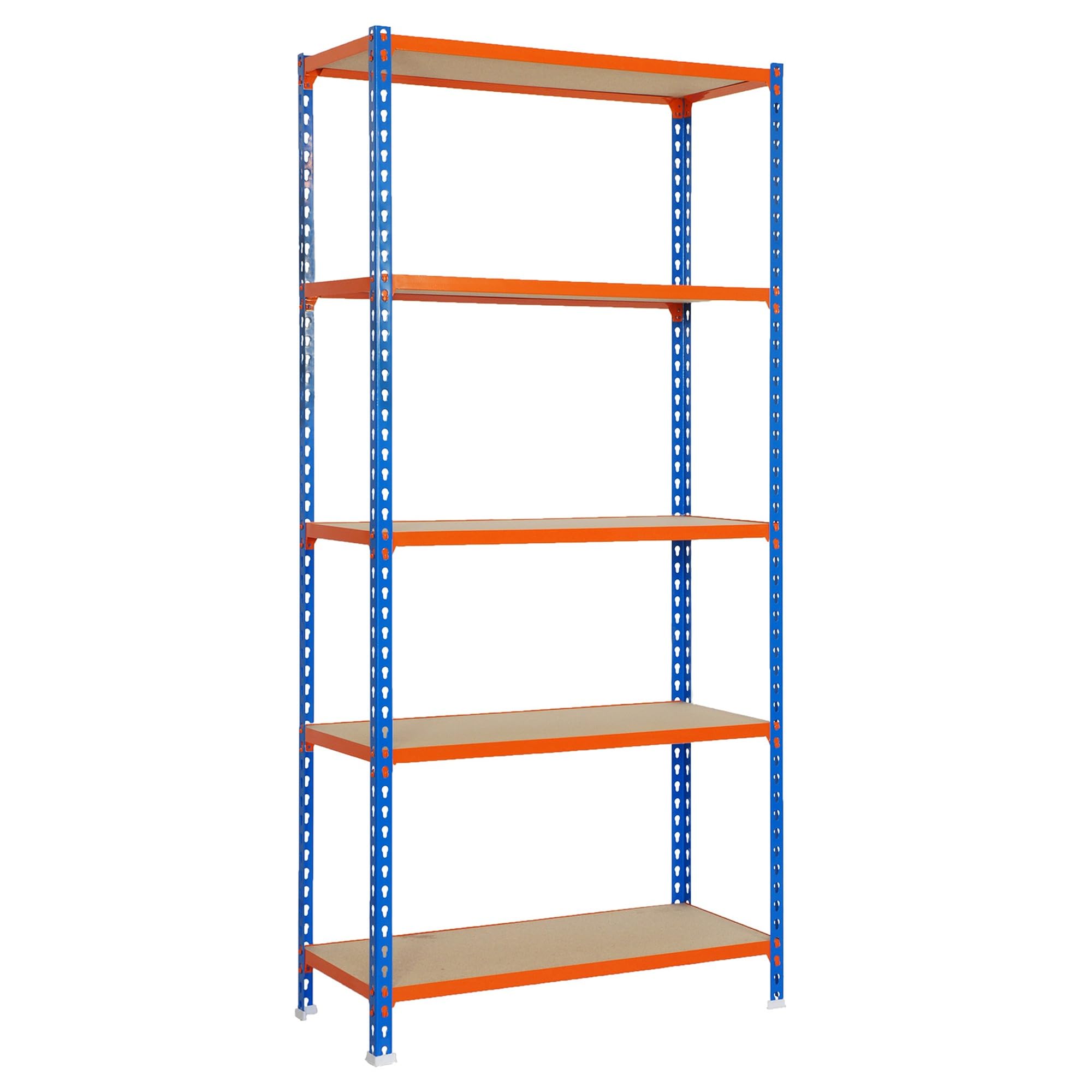 SimonRack Schwerlastregal, Lagerregal, 200x110x50 cm, Metallregal, Kellerregal, Biegestelle 200 kg, 5 Holzfachböden, Blau/Orange/Holz - Maderclick