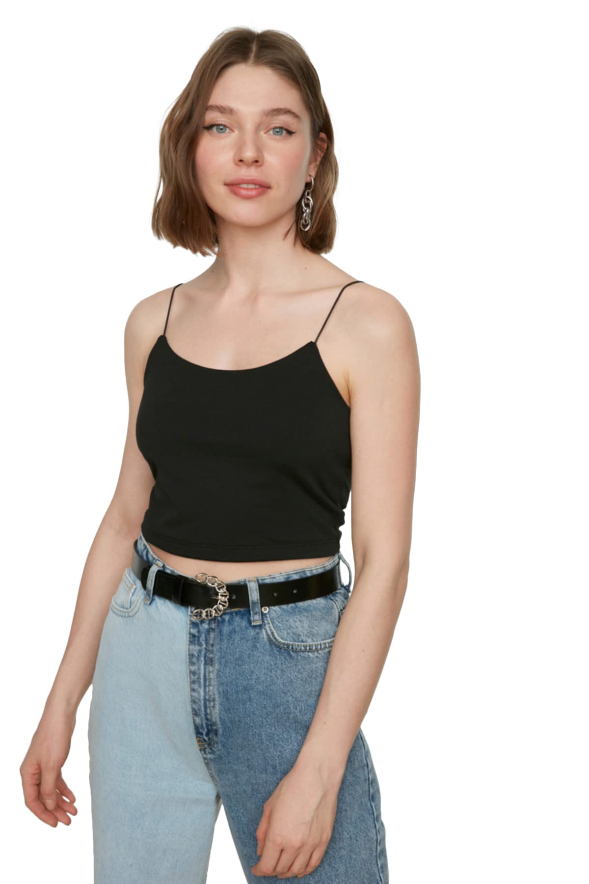 Trendyol Damen Schwarz Aufhänger Crop Gestrickter Grundlegender Athlet T Shirt, S Eu