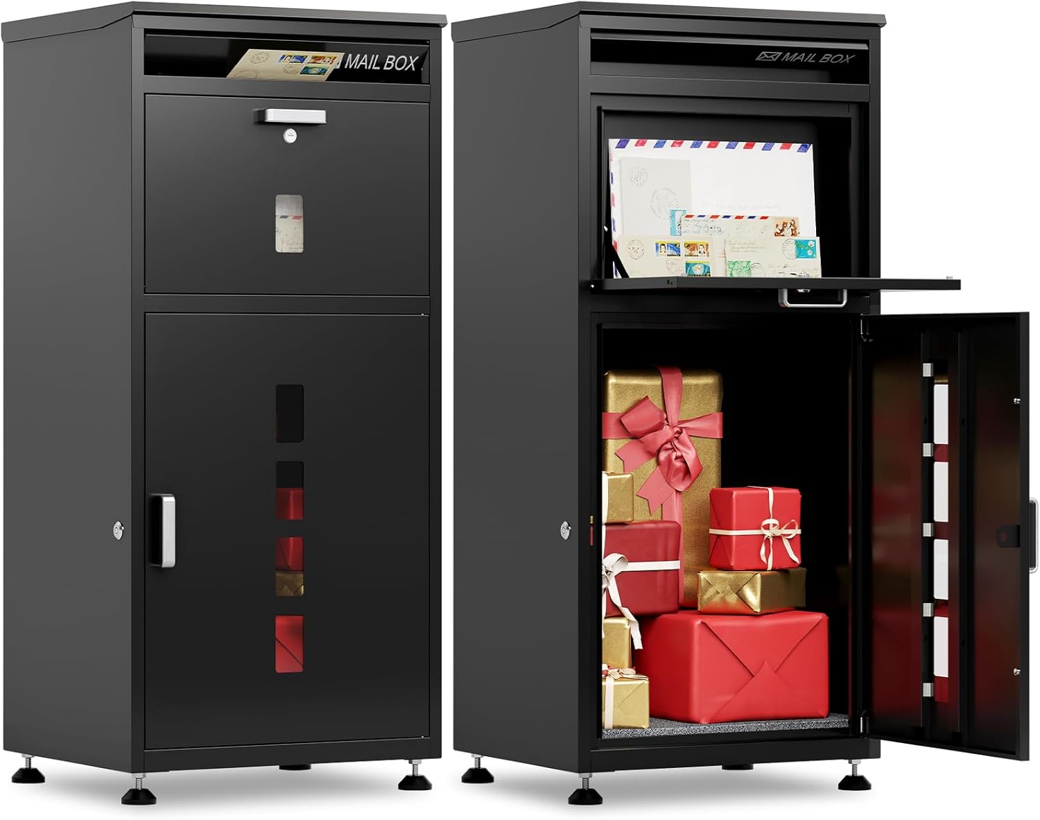 Large Package Delivery Box for Outside with Lock, 42" H Oversized Parcel Drop Box with Anti-Theft Mail Slot & Security Baffle, Waterproof Outdoor Porch Mailbox with Delivery Sign & Adjustable Feet